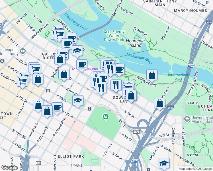 map of restaurants, bars, coffee shops, grocery stores, and more near 720 South Washington Avenue in Minneapolis