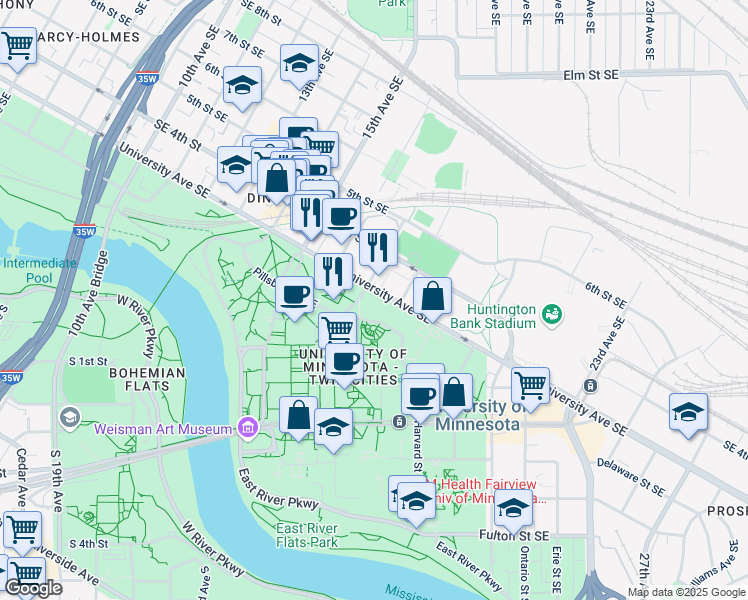 map of restaurants, bars, coffee shops, grocery stores, and more near 15 Church Street Southeast in Minneapolis