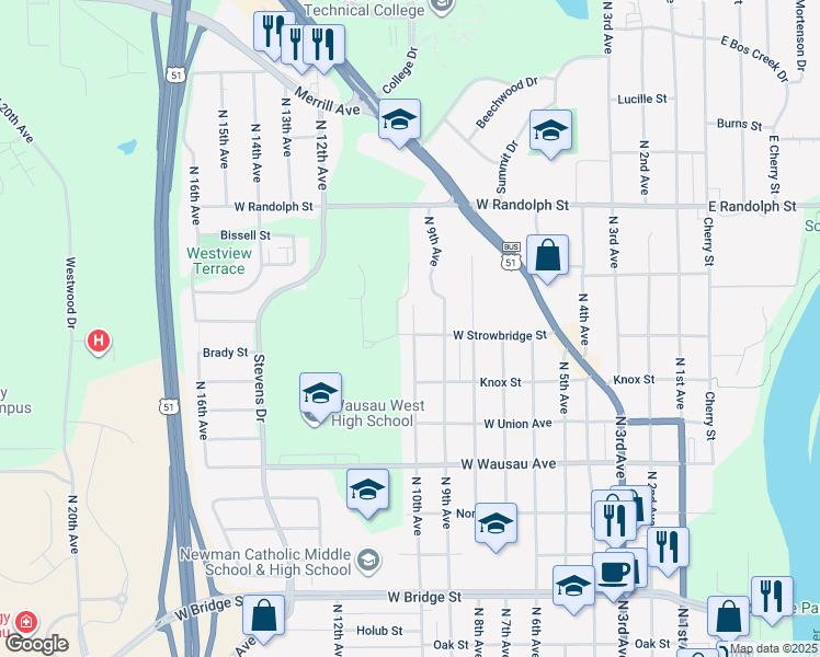 map of restaurants, bars, coffee shops, grocery stores, and more near 1202 North 10th Avenue in Wausau