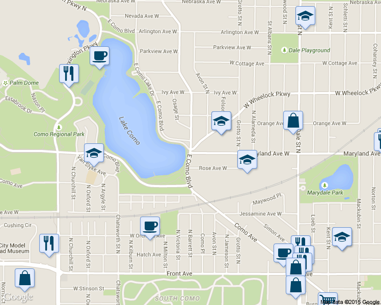 map of restaurants, bars, coffee shops, grocery stores, and more near 1136 Maryland Avenue West in Saint Paul