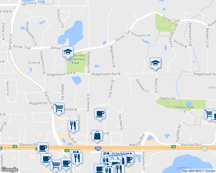 map of restaurants, bars, coffee shops, grocery stores, and more near 208 City View Drive in Hopkins