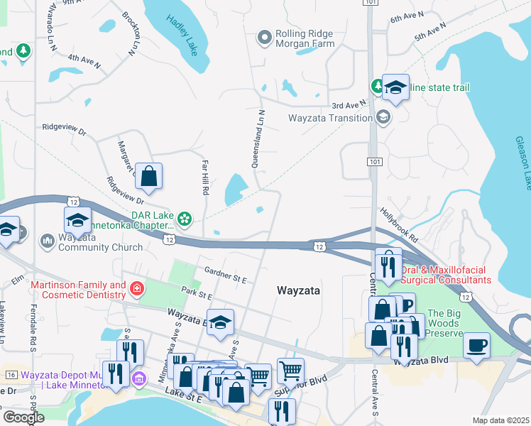 map of restaurants, bars, coffee shops, grocery stores, and more near 525 Broadway Avenue North in Wayzata