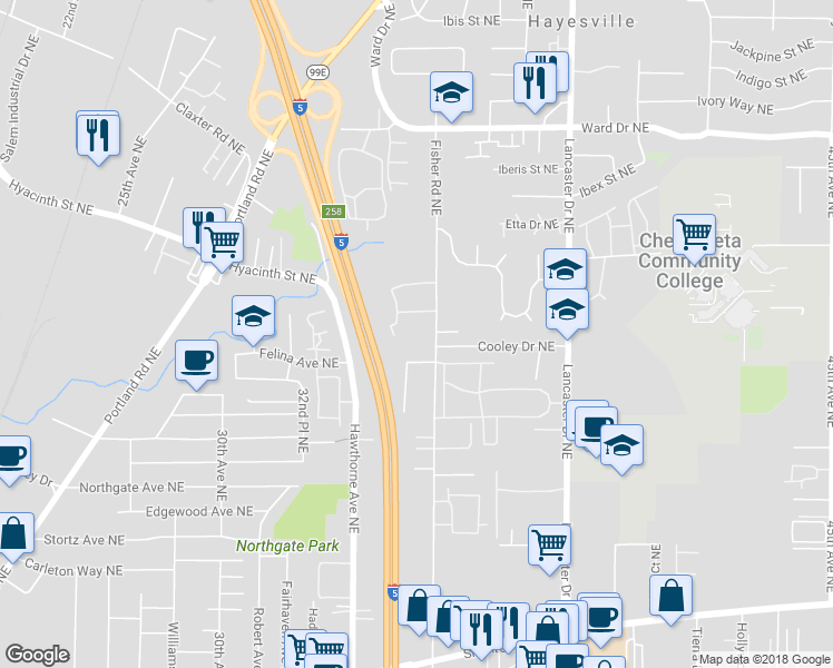 map of restaurants, bars, coffee shops, grocery stores, and more near 4035 Fisher Road Northeast in Salem