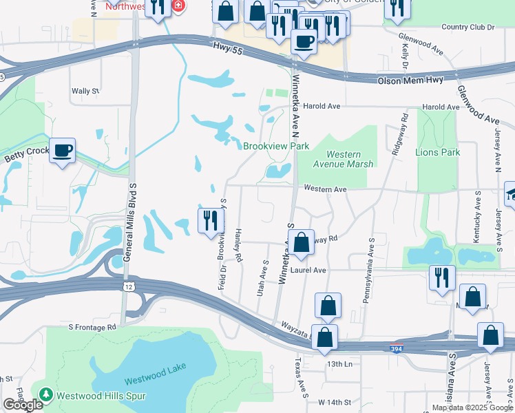 map of restaurants, bars, coffee shops, grocery stores, and more near 18 Western Terrace in Minneapolis