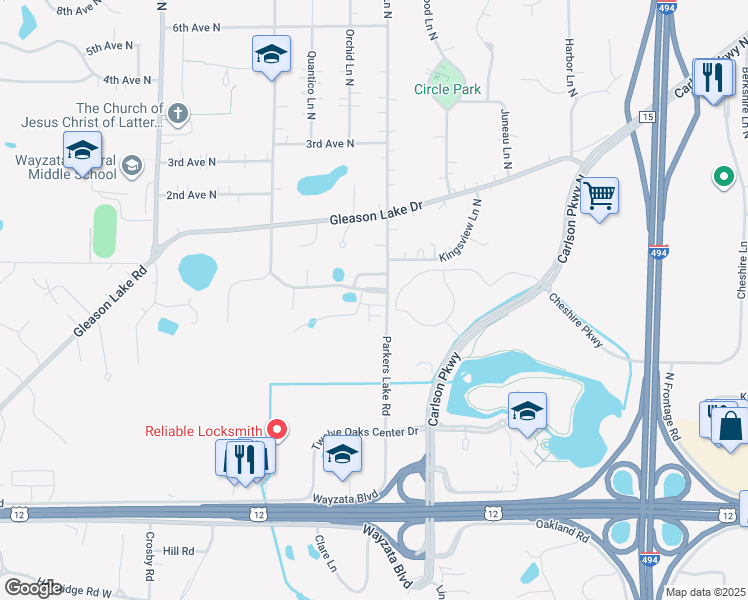 map of restaurants, bars, coffee shops, grocery stores, and more near 15420 Oakcroft Place in Wayzata