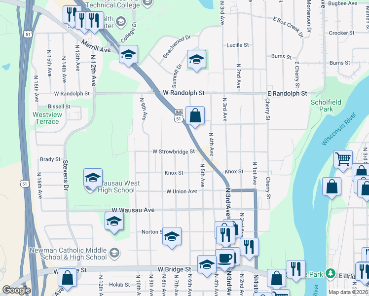 map of restaurants, bars, coffee shops, grocery stores, and more near 602 West Strowbridge Street in Wausau