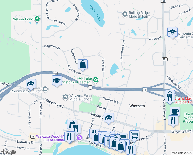 map of restaurants, bars, coffee shops, grocery stores, and more near 401 Ridgeview Drive in Wayzata