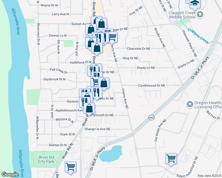 map of restaurants, bars, coffee shops, grocery stores, and more near 3587 Potts Drive Northeast in Keizer