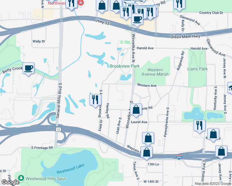 map of restaurants, bars, coffee shops, grocery stores, and more near 18 Western Terrace in Minneapolis