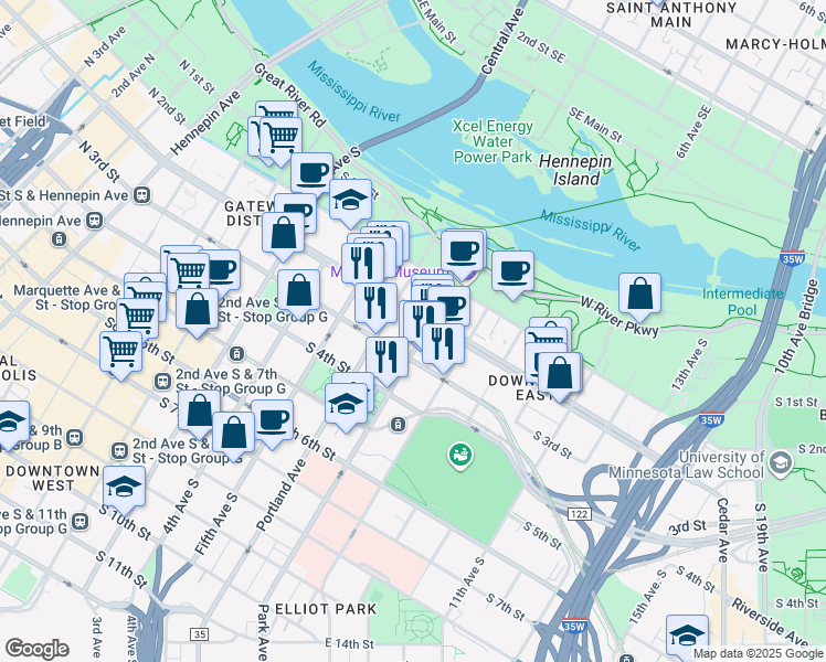 map of restaurants, bars, coffee shops, grocery stores, and more near 240 Park Avenue in Minneapolis