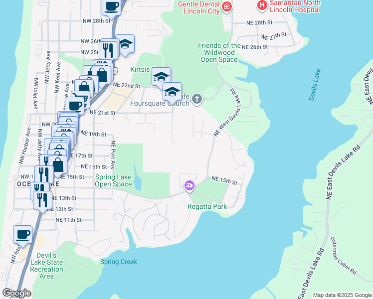 map of restaurants, bars, coffee shops, grocery stores, and more near 1830 Northeast Surf Avenue in Lincoln City