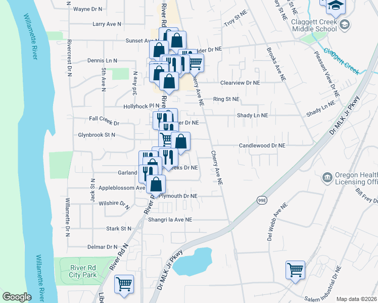 map of restaurants, bars, coffee shops, grocery stores, and more near 3587 Potts Drive Northeast in Keizer