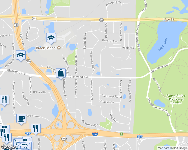 map of restaurants, bars, coffee shops, grocery stores, and more near 6 Westwood Drive North in Minneapolis