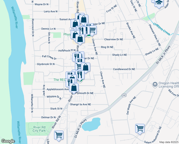 map of restaurants, bars, coffee shops, grocery stores, and more near 3587 Potts Drive Northeast in Keizer