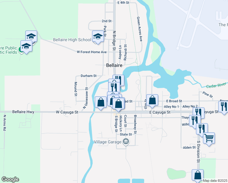map of restaurants, bars, coffee shops, grocery stores, and more near 201-205 North Bridge Lane in Bellaire
