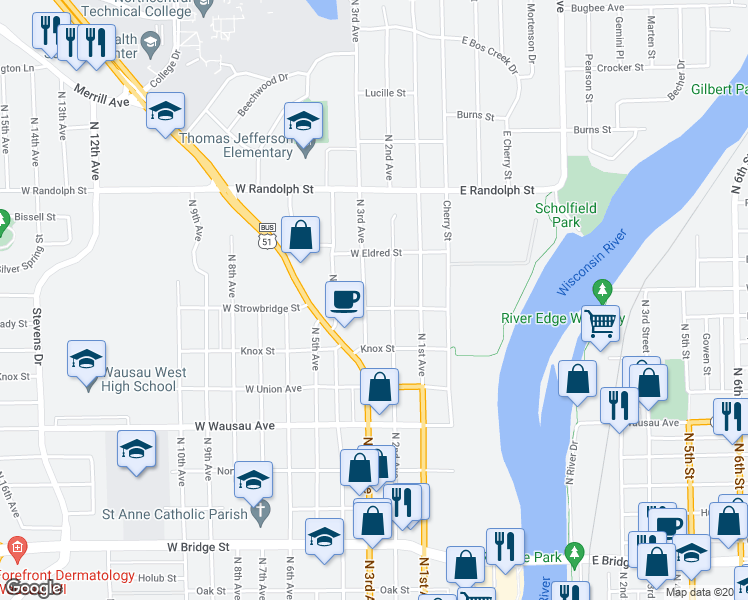 map of restaurants, bars, coffee shops, grocery stores, and more near 206 West Strowbridge Street in Wausau
