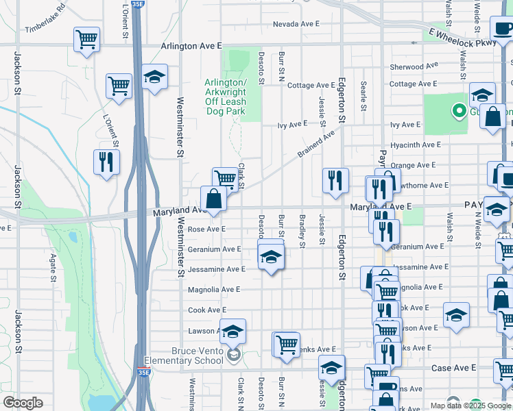 map of restaurants, bars, coffee shops, grocery stores, and more near 461 Maryland Avenue East in Saint Paul