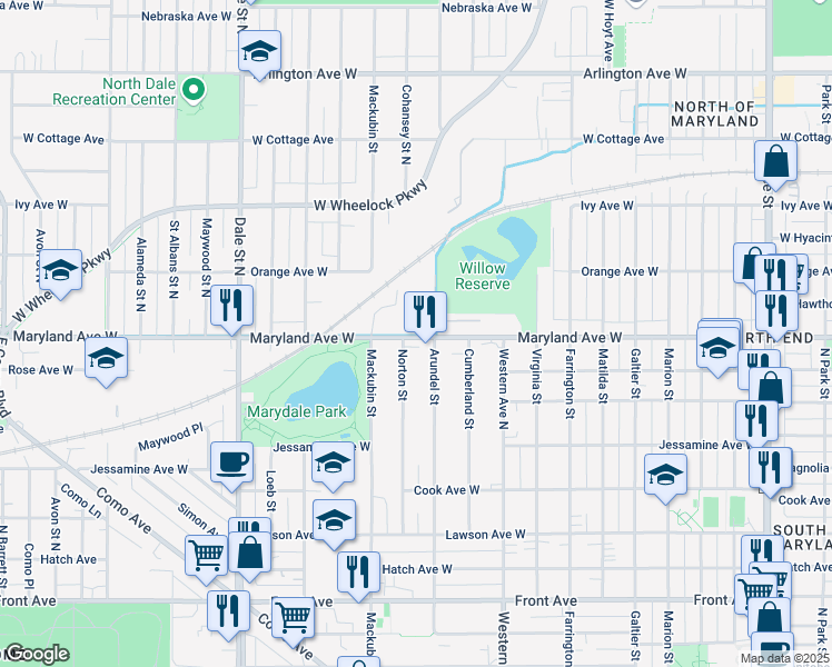 map of restaurants, bars, coffee shops, grocery stores, and more near 461 Maryland Avenue West in Saint Paul