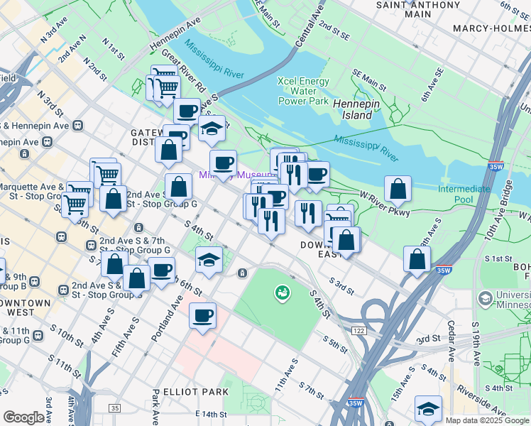 map of restaurants, bars, coffee shops, grocery stores, and more near 720 South Washington Avenue in Minneapolis