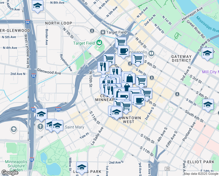 map of restaurants, bars, coffee shops, grocery stores, and more near 810 Hennepin Avenue in Minneapolis