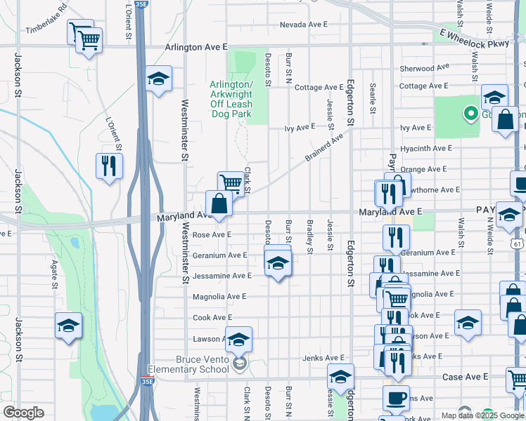 map of restaurants, bars, coffee shops, grocery stores, and more near 461 Maryland Avenue East in Saint Paul