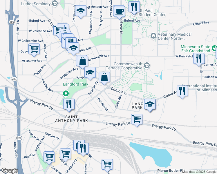 map of restaurants, bars, coffee shops, grocery stores, and more near 2100 Como Avenue in Saint Paul