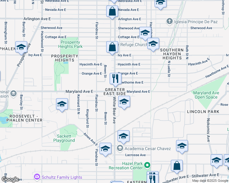 map of restaurants, bars, coffee shops, grocery stores, and more near White Bear Ave & Maryland Ave E in Saint Paul
