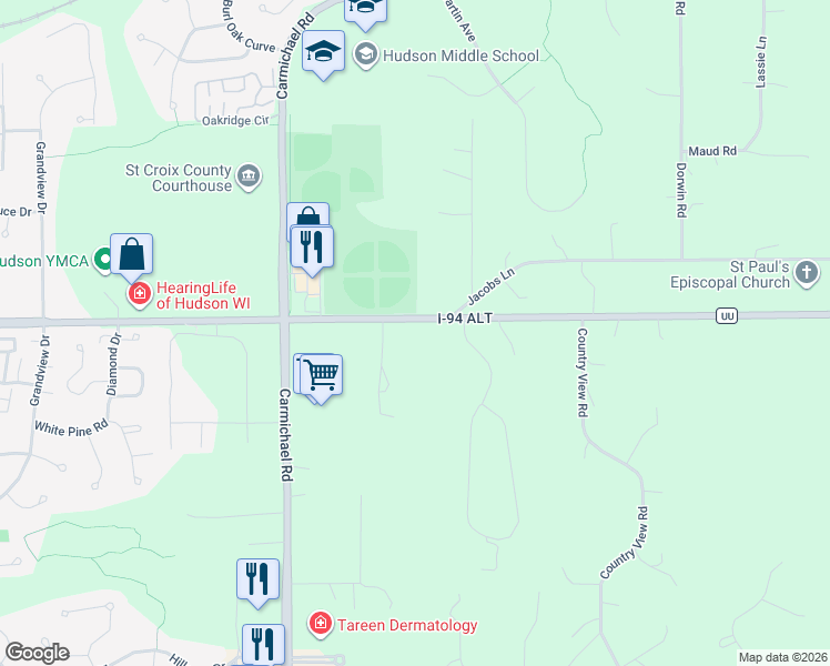 map of restaurants, bars, coffee shops, grocery stores, and more near 423 County Road Uu in Hudson