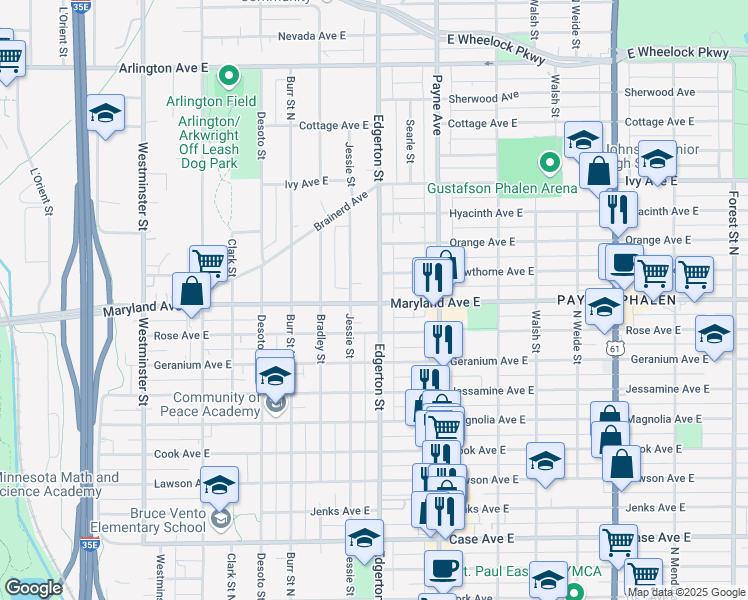 map of restaurants, bars, coffee shops, grocery stores, and more near 575 Maryland Avenue East in Saint Paul
