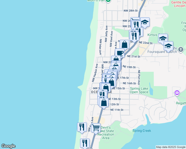 map of restaurants, bars, coffee shops, grocery stores, and more near 1723 Northwest Harbor Avenue in Lincoln City