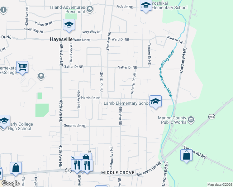 map of restaurants, bars, coffee shops, grocery stores, and more near 4044 Penticton Circle Northeast in Salem