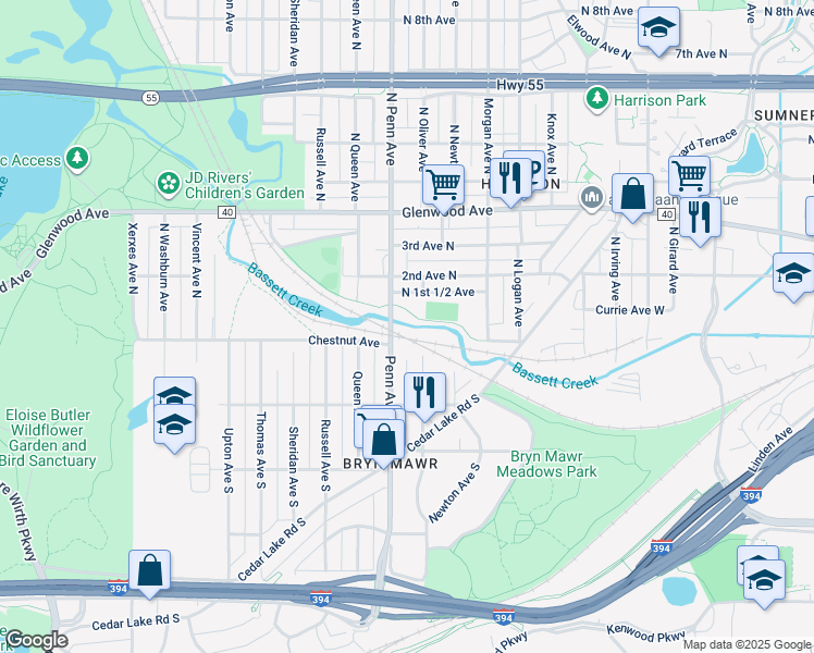 map of restaurants, bars, coffee shops, grocery stores, and more near 106 North Penn Avenue in Minneapolis