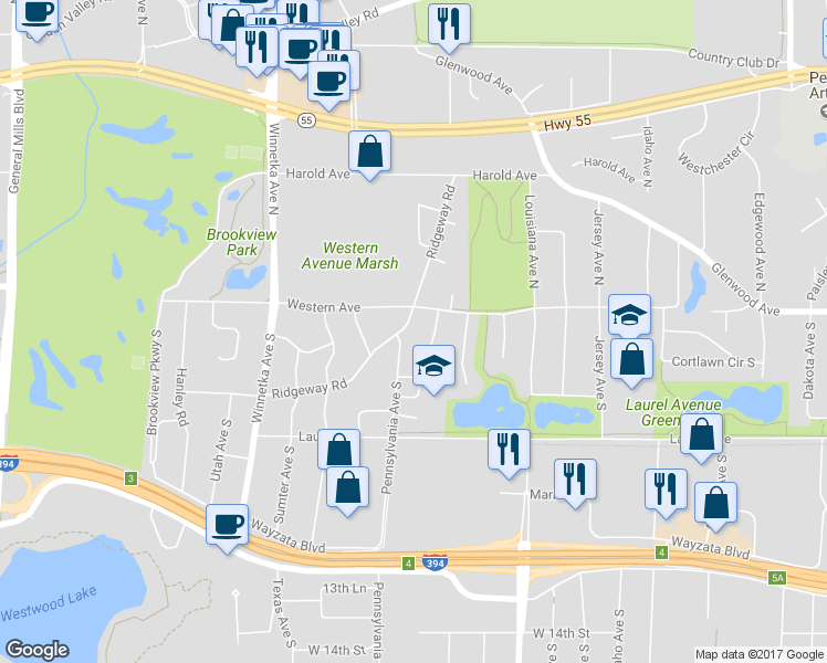 map of restaurants, bars, coffee shops, grocery stores, and more near 7485 Ridgeway Road in Minneapolis