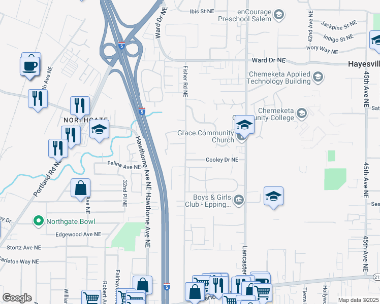 map of restaurants, bars, coffee shops, grocery stores, and more near 3607 Colton Lane Norteast in Salem