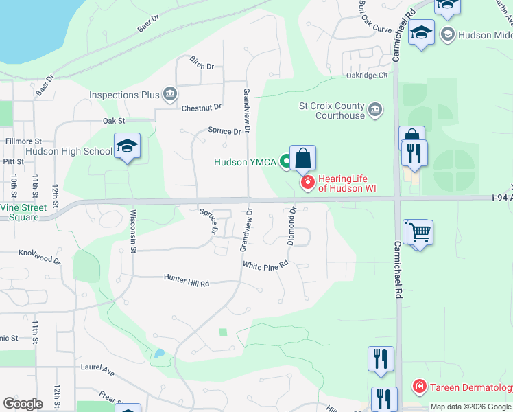 map of restaurants, bars, coffee shops, grocery stores, and more near 628 Grandview Drive in Hudson