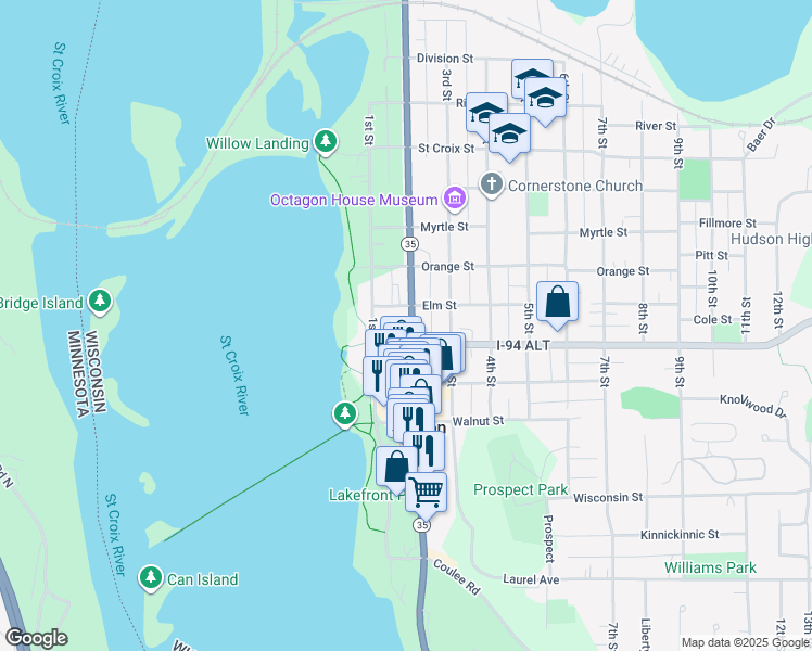 map of restaurants, bars, coffee shops, grocery stores, and more near 713 2nd Street in Hudson
