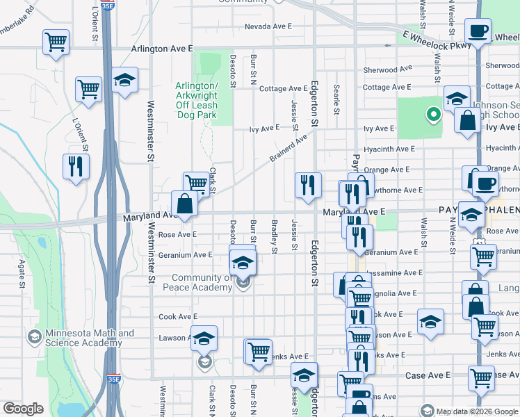 map of restaurants, bars, coffee shops, grocery stores, and more near 495 Maryland Avenue East in Saint Paul
