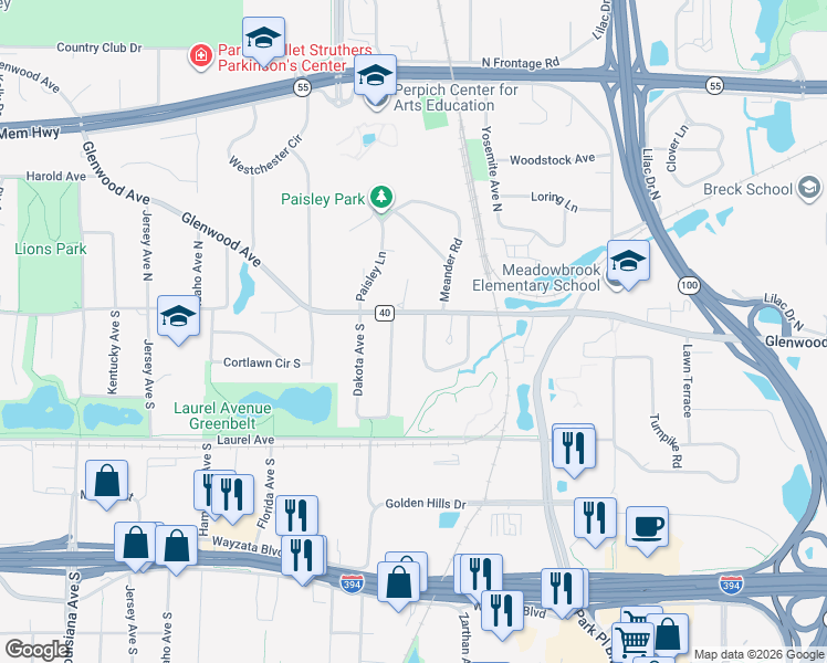 map of restaurants, bars, coffee shops, grocery stores, and more near 140 King Hill Road in Minneapolis