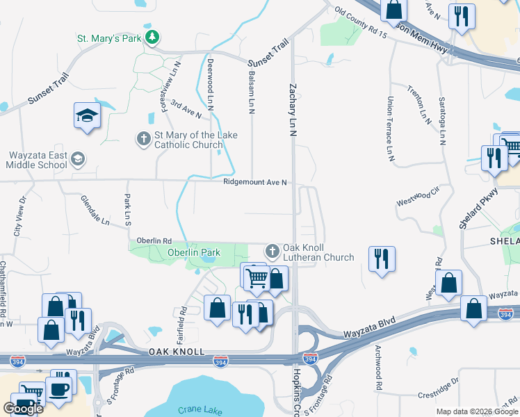 map of restaurants, bars, coffee shops, grocery stores, and more near 11302 Lorry Lane West in Minnetonka
