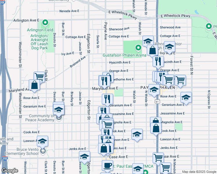 map of restaurants, bars, coffee shops, grocery stores, and more near 1202 Payne Avenue in Saint Paul