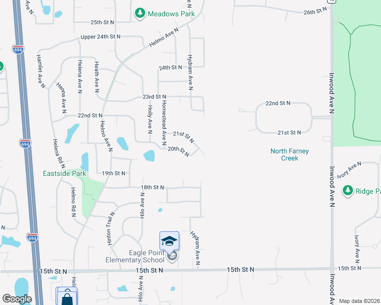 map of restaurants, bars, coffee shops, grocery stores, and more near 7906 20th Street North in Oakdale