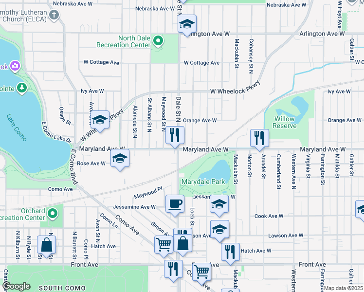 map of restaurants, bars, coffee shops, grocery stores, and more near 1202 Dale Street North in Saint Paul