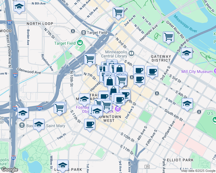 map of restaurants, bars, coffee shops, grocery stores, and more near 30 South 7th Street in Minneapolis