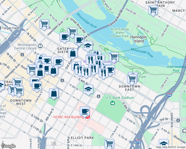 map of restaurants, bars, coffee shops, grocery stores, and more near 530 South 3rd Street in Minneapolis