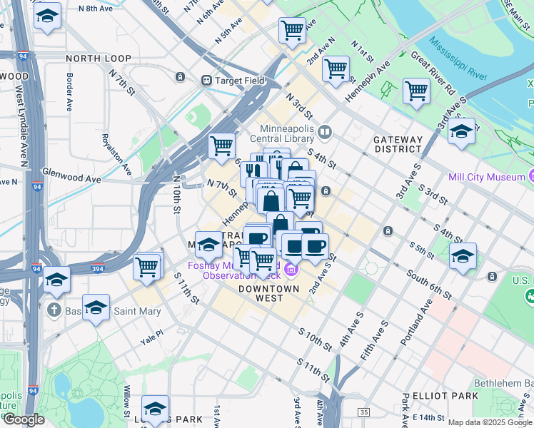 map of restaurants, bars, coffee shops, grocery stores, and more near 30 South 7th Street in Minneapolis