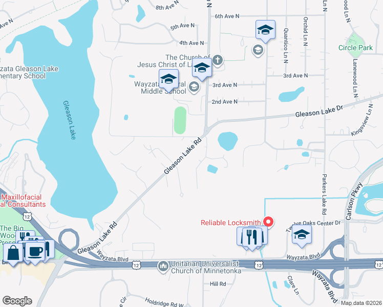map of restaurants, bars, coffee shops, grocery stores, and more near 16101 Gleason Lake Drive in Wayzata