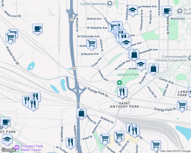 map of restaurants, bars, coffee shops, grocery stores, and more near 2376 Commonwealth Avenue in Saint Paul