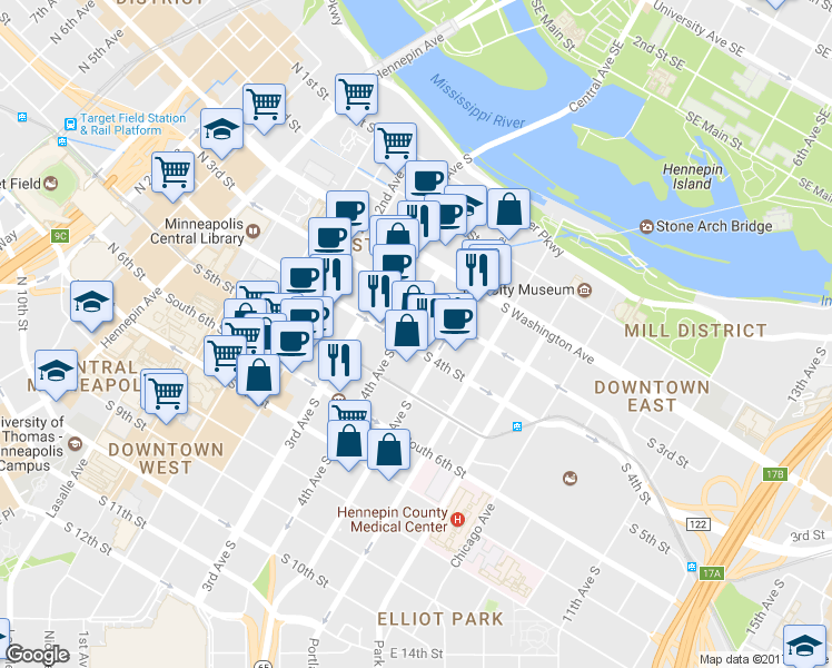 map of restaurants, bars, coffee shops, grocery stores, and more near 400 4th Street South in Minneapolis
