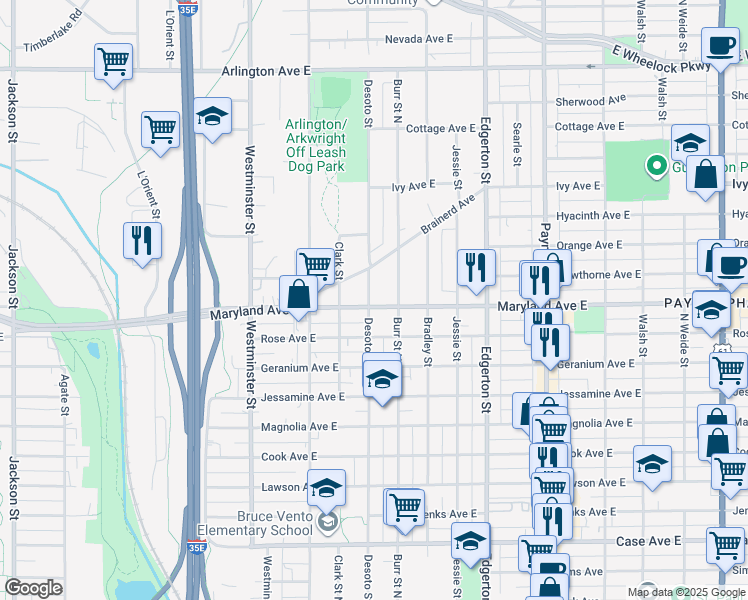 map of restaurants, bars, coffee shops, grocery stores, and more near 461 Maryland Avenue East in Saint Paul