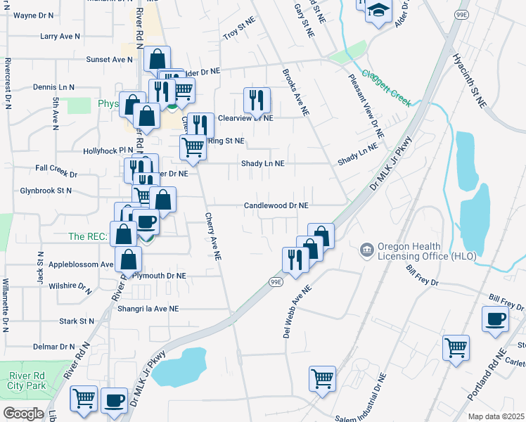 map of restaurants, bars, coffee shops, grocery stores, and more near 1150 Candlewood Drive Northeast in Keizer